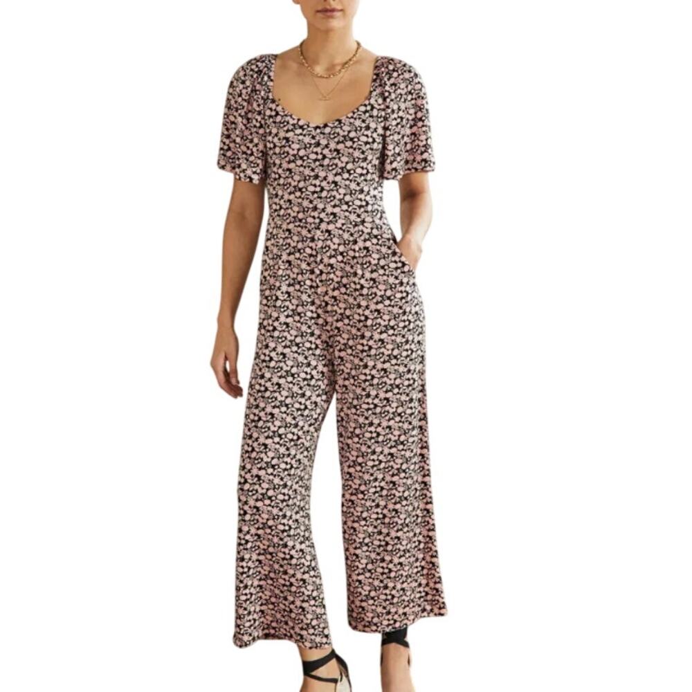 Boden Black Pink Floral Short Flutter Sleeve Smocked Jersey Wide Ankle Jumpsuit